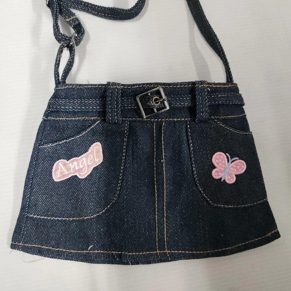 Denim Mini Skirt Purse With Pink Butterfly and Angel Patches Embroidered Buckle